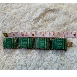 Mexico 925 Sterling Silver Wide Pannel Carved Malachite Bracelet